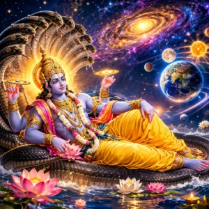 sri vishnu sahsranamam -Vishnu Sahasranamam is a very powerful prayer. It is also called Vishnu Sahasranama Stotram or Sri Vishnu Sahasranamam. This Spiritual prayer has the 1000 names of Vishnu, also known as Vishnu Sahastra Namavali or Vishnu Sahasra Namavali. Each name shows a special quality of Lord Vishnu. Many people do Vishnu Sahasranamam path or Vishnu Sahastra path daily to get peace, protection, and blessings. Lord Vishnu lying on Sheshnag with galaxy and Earth in background
